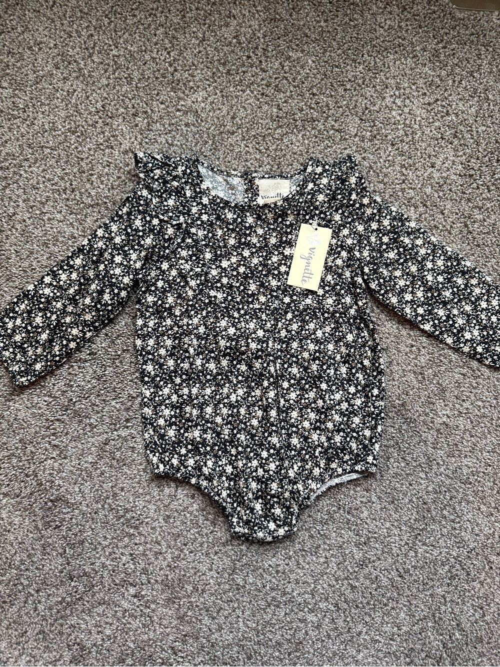 Kids Long-Sleeve Floral One-Piece Romper in Black and White